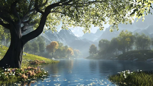 Serene alpine river valley rendered in luminous digital realism
