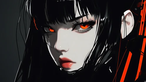 Close-up digital portrait of woman with red glowing eyes.