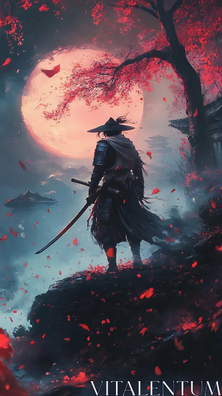 Lone samurai under blood moon amid falling crimson petals.
