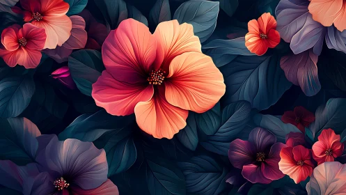Vibrant Hibiscus Composition in Deep Digital Garden.