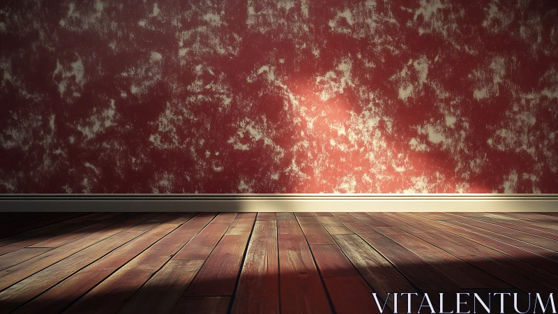 Sunlit red wall and warm wooden floor in a quiet room.