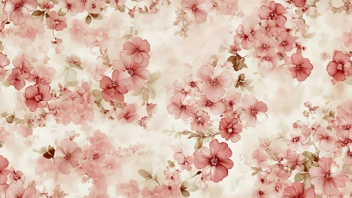 Pink and cream floral pattern with distributed botanical elements across neutral background