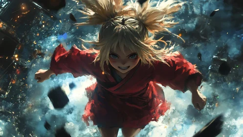 Fierce anime girl surges through exploding, glittering void.