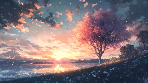 Digital landscape depicts lakeside tree under low sun