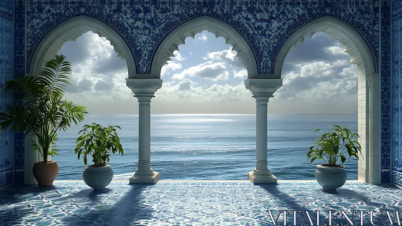 Ocean veranda through ornate arches at tranquil sunrise.