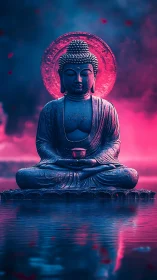 Buddha statue is centered before neon sky and reflective water.