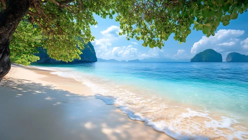 Tropical Beach Paradise Under Lush Canopy and Turquoise Waters