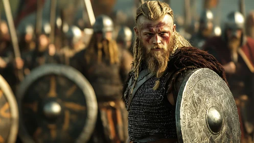 Viking warrior with shield leads armored fighters in battle