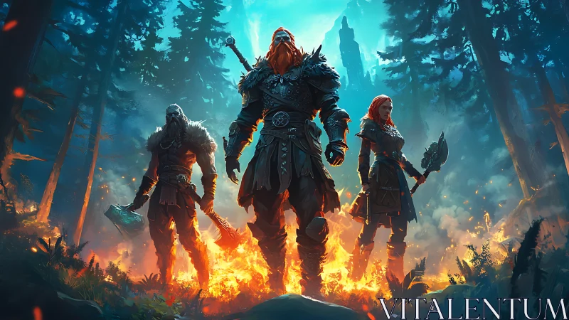 Viking warriors stand amid burning forest in blue twilight