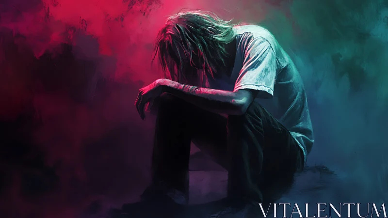 Seated figure in shadow with bicolor atmospheric lighting.