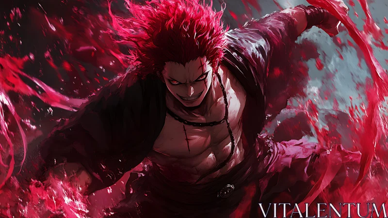 Fierce red‑haired warrior erupts through swirling crimson energy.