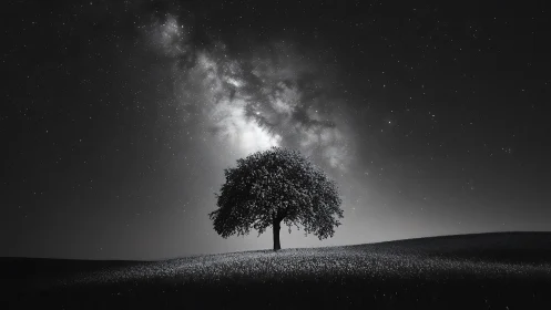 Solitary tree silhouettes below dense Milky Way galactic core