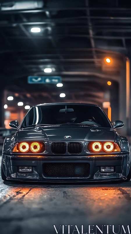 Midnight tuner prowls beneath neon-tinted tunnel lights