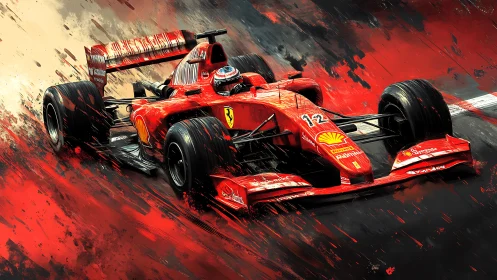 Red Formula 1 car is rendered with dynamic brush strokes