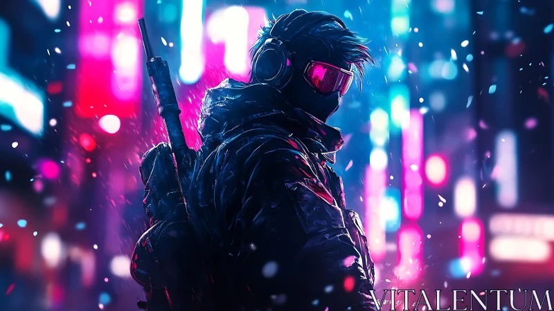 Cyberpunk sniper stalks neon city streets under snowfall.