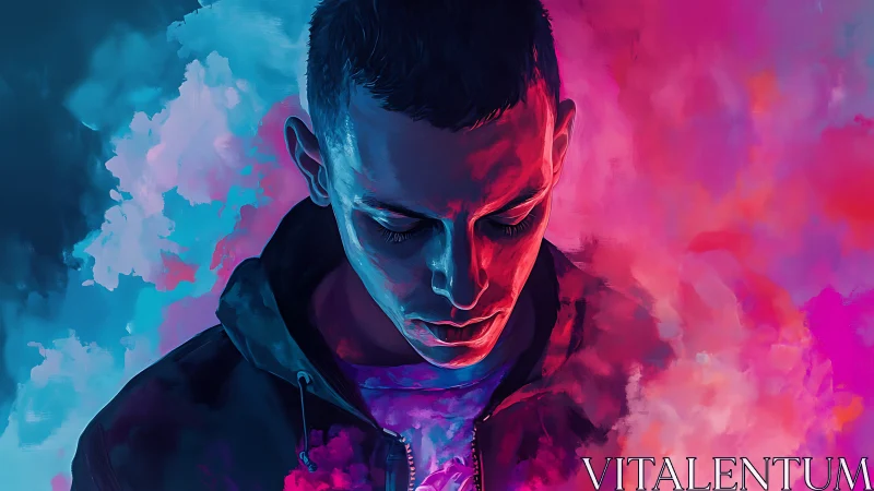 Moody portrait glowing in dreamy pink and blue clouds.