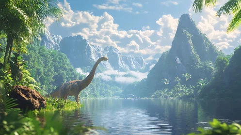 Sauropod dinosaur surveys misty lacustrine valley in sunlight