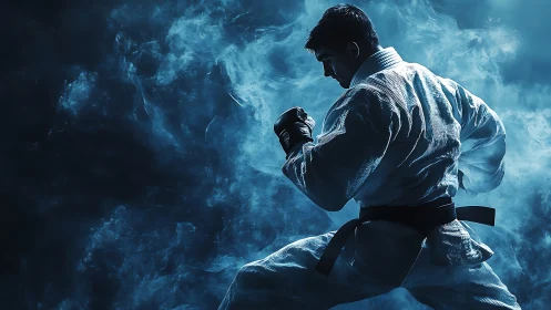 Martial artist in smoke-filled low key blue studio lighting.