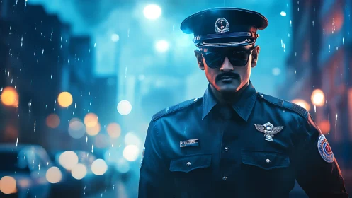 Brooding night patrol officer under neon city rainfall.