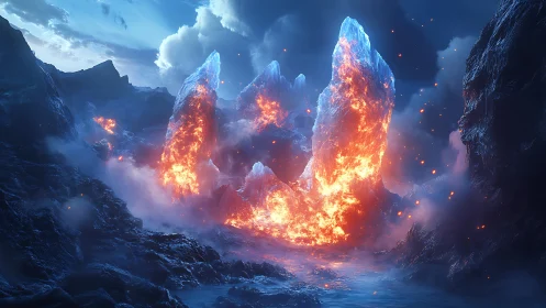 Volcanic Ice Pillars Erupting in Mountain Valley.