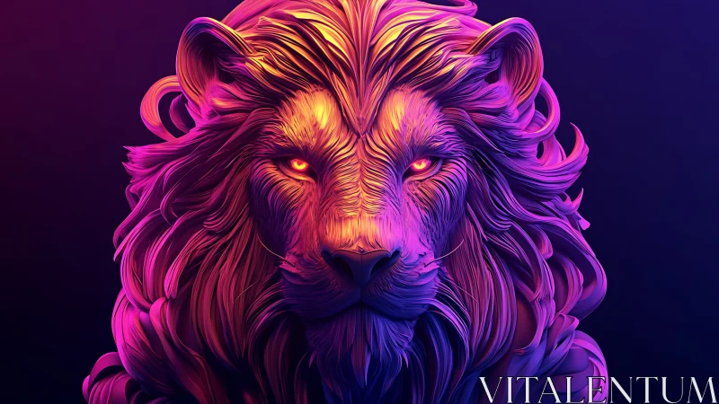 Neon lion portrait glows with vibrant ultraviolet light.