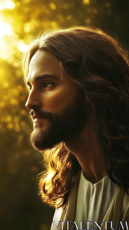 Radiant long-haired figure in golden backlit forest glow.