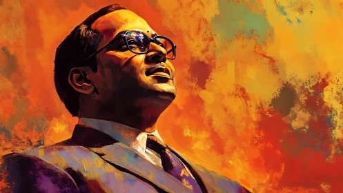 Male figure in suit painted against vivid orange backdrop