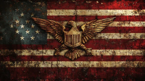 Weathered eagle crest glows fiercely over worn US stripes