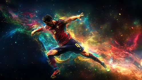 Explosive soccer kick ignites swirling neon cosmic trails