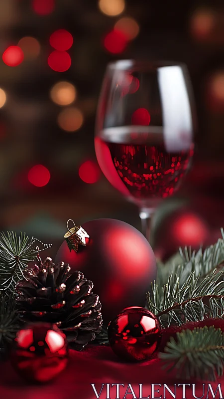 Red wine glass with ornaments and pine branches on table.