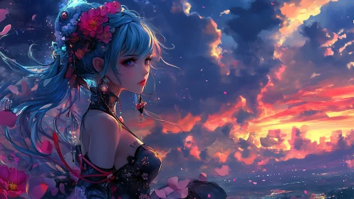 Skybound anime maiden gazes into a blazing fantasy sunset.