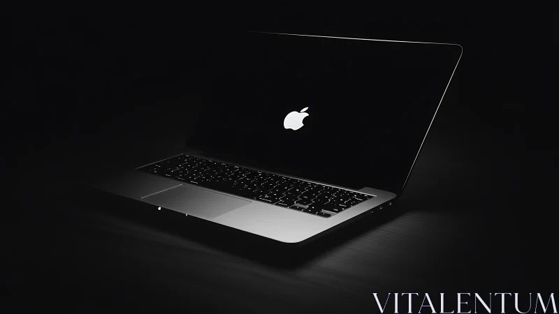 Open laptop glows in dramatic low key lighting against darkness