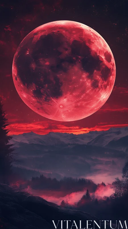 Crimson moonrise casting gentle magic over misty peaks.