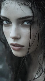 Wet haired woman in intense close up portrait stare.