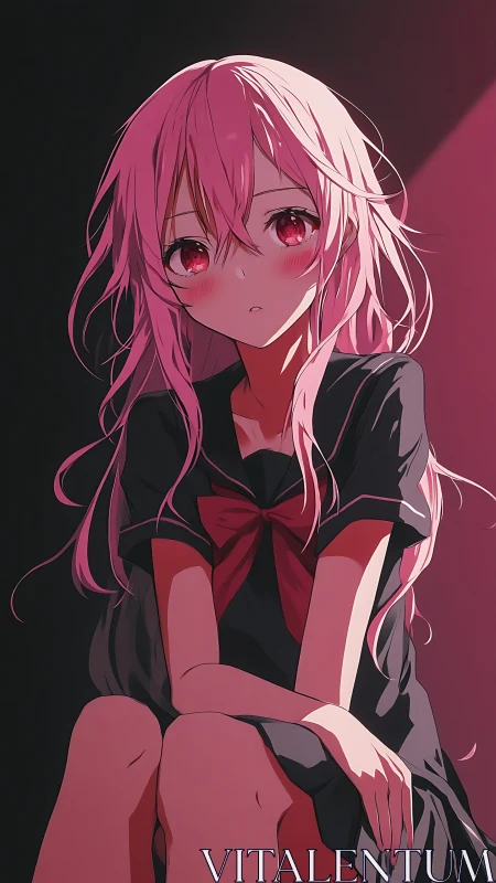 Anime portrait in chiaroscuro lighting with crimson accent bow.