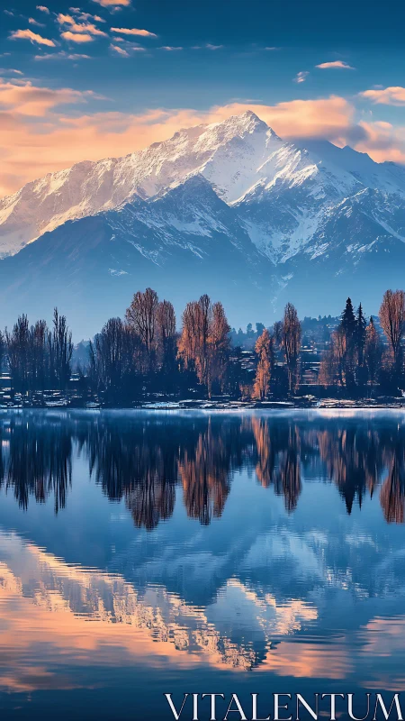 Snow-clad alpine range mirrored in still lake at sunrise