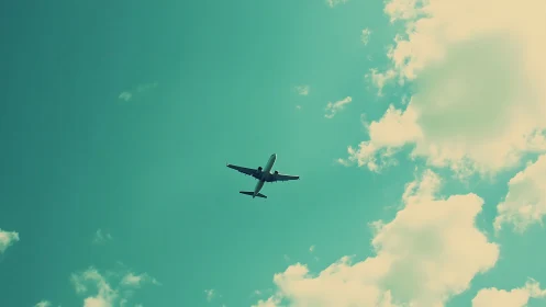 Passenger jet silhouette crossing teal sky with clouds.