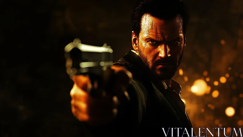 Armed man aims pistol toward viewer under fiery backlight