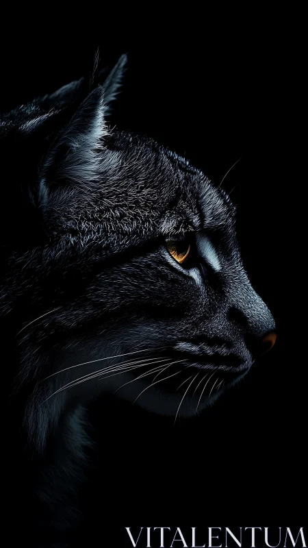 High-contrast felid portrait demonstrating rim-lit volumetric hair rendering and golden iris luminos