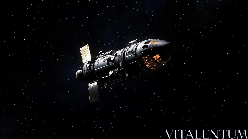 High-fidelity deep space exploration craft with lit cockpit.