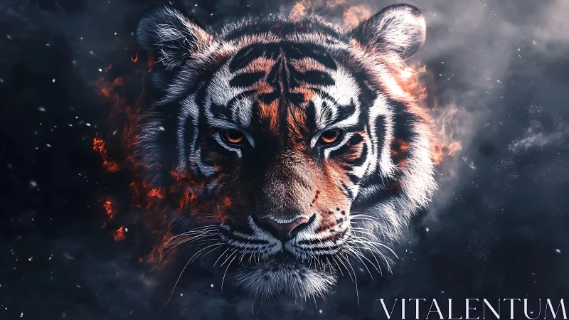 Thermodynamic tiger portrait with embers and particulate haze.
