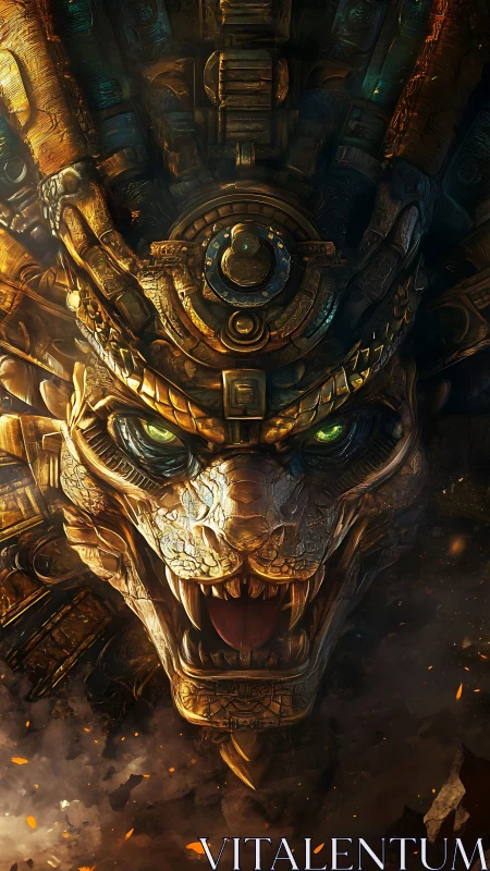 Mythic techno-serpent war mask with luminous emerald eyes