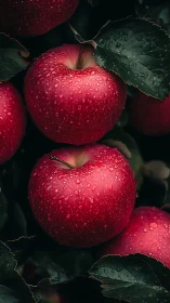 Juicy red apples glowing with fresh morning raindrops.