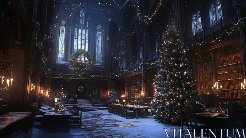 Winterlit cathedral library wrapped in enchanted Christmas glow.