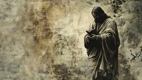 Solitary robed figure studies scripture in weathered space.