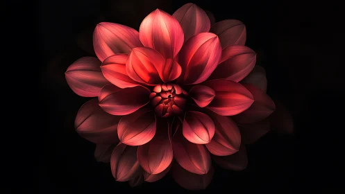 Luminous Red Dahlia with Volumetric Lighting on Dark Background