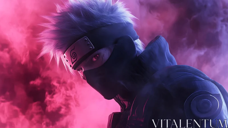 Mysterious masked ninja gazes through glowing violet smoke