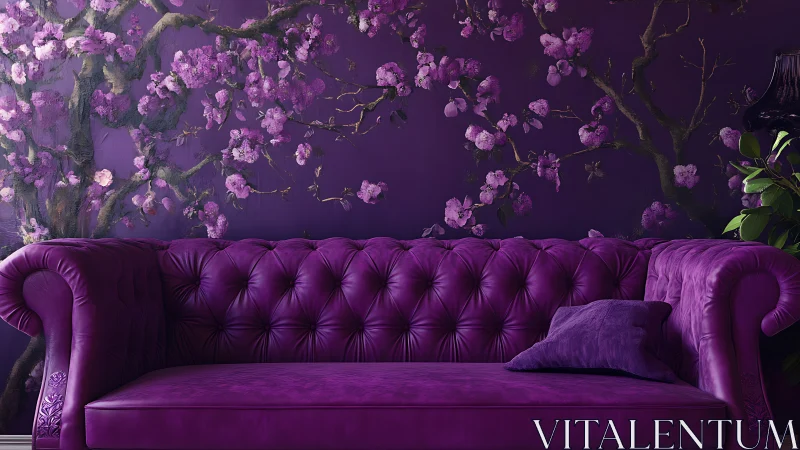 Plush purple sofa stands before textured floral mural wall