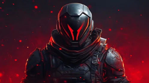 Heavily armored sci fi soldier in red ember particle field