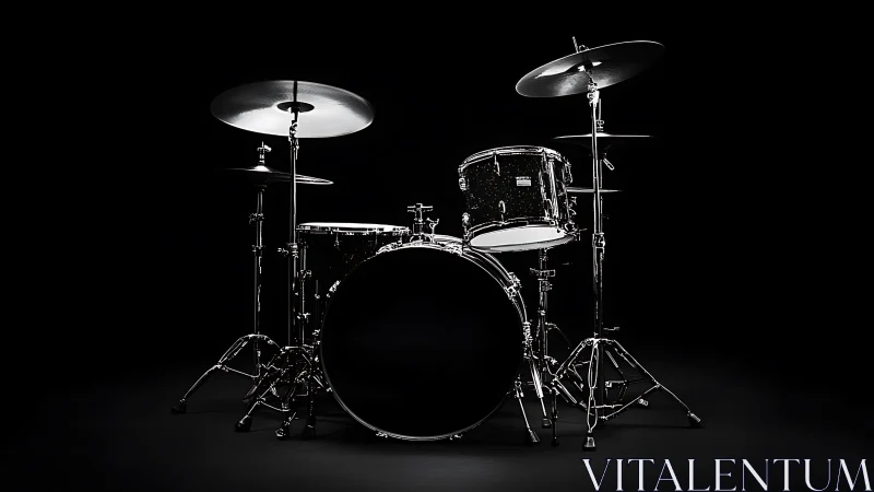 Drum kit stands in dramatic lighting against deep black background.